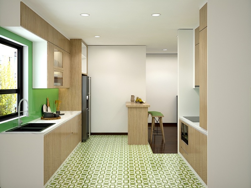 Không gian nội thất nhà bếp sáng sủa, tươi mới với các chất liệu gỗ hợp mệnh Hỏa