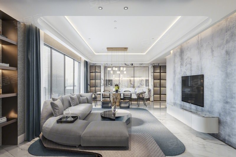 Nội thất phòng khách mệnh Kim sang trọng với bộ sofa màu xám bạc hài hoà với bức tường đá cẩm thạch loang