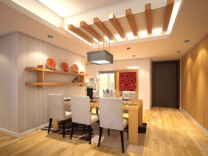 Không gian phòng bếp của chủ nhà mệnh Hỏa vô cùng ấm áp sắc gỗ nâu và nổi bật với các điểm nhấn như đĩa trang trí, tủ đựng rượu màu đỏ