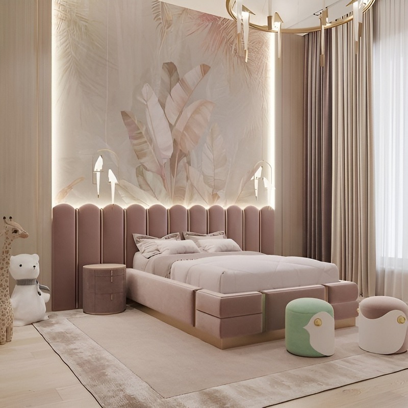 Không gian nội thất phòng ngủ của chủ nhà mệnh Hỏa sử dụng gam màu hồng pastel nhẹ nhàng, tạo không gian ấm cúng, lãng mạn 